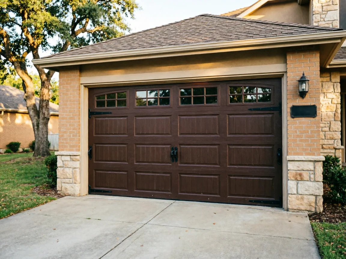 A brown garage door with windows is on a house with brick and stone.