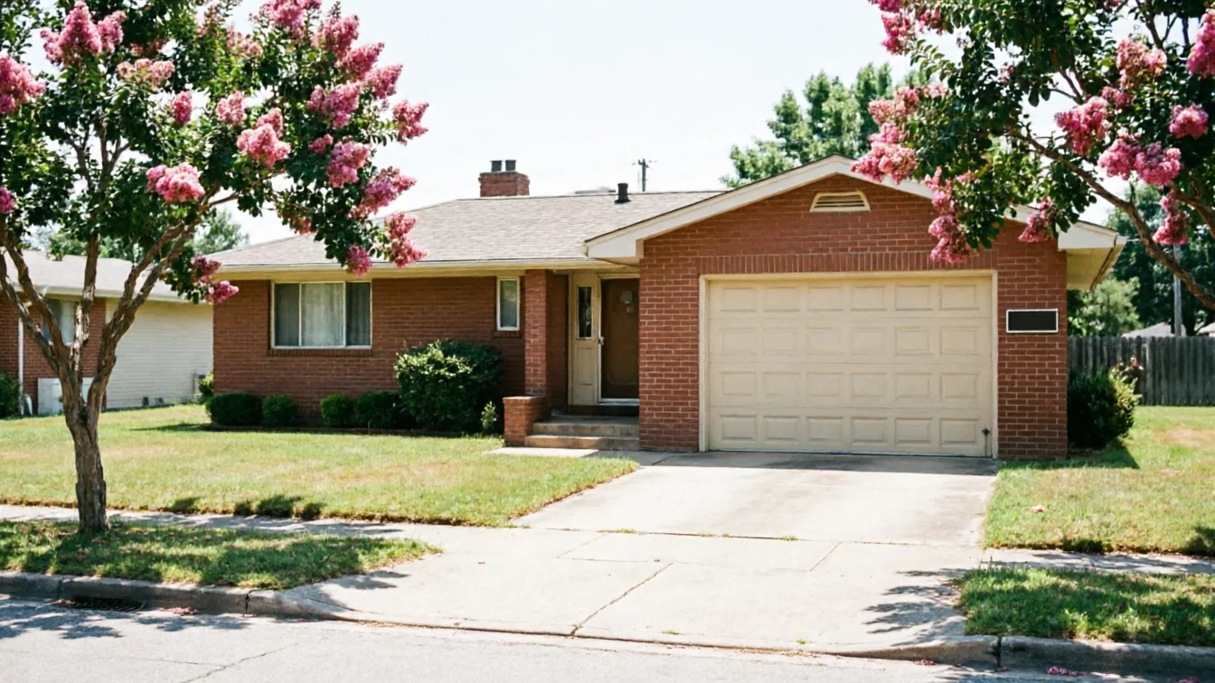 A brick house with a beige garage door and pink flowering trees.