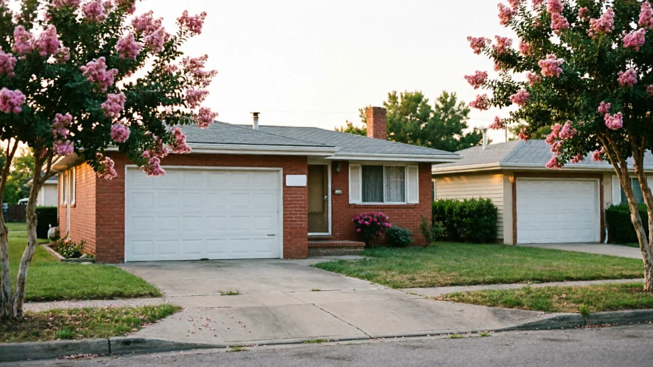 A red brick house with a white garage door and a tan house with a white garage door.