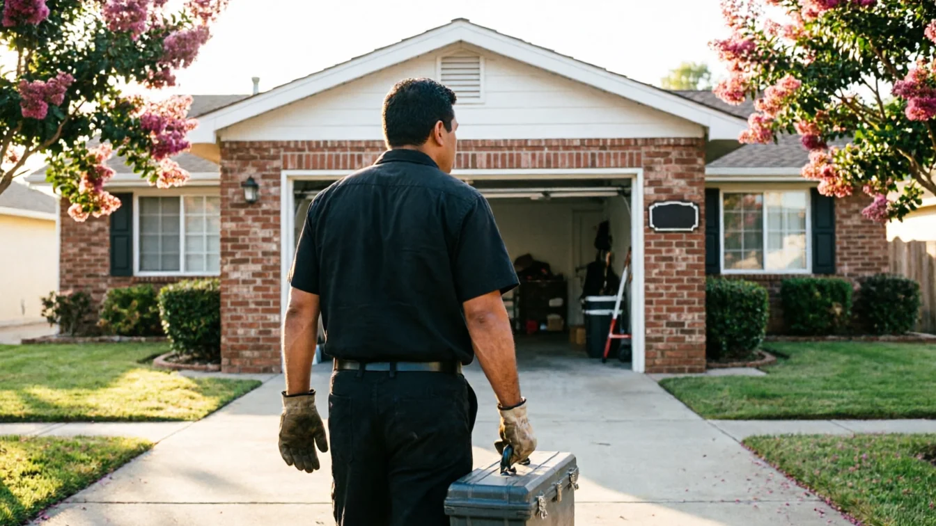 A technician with a toolbox walks toward an open garage door of a brick house.