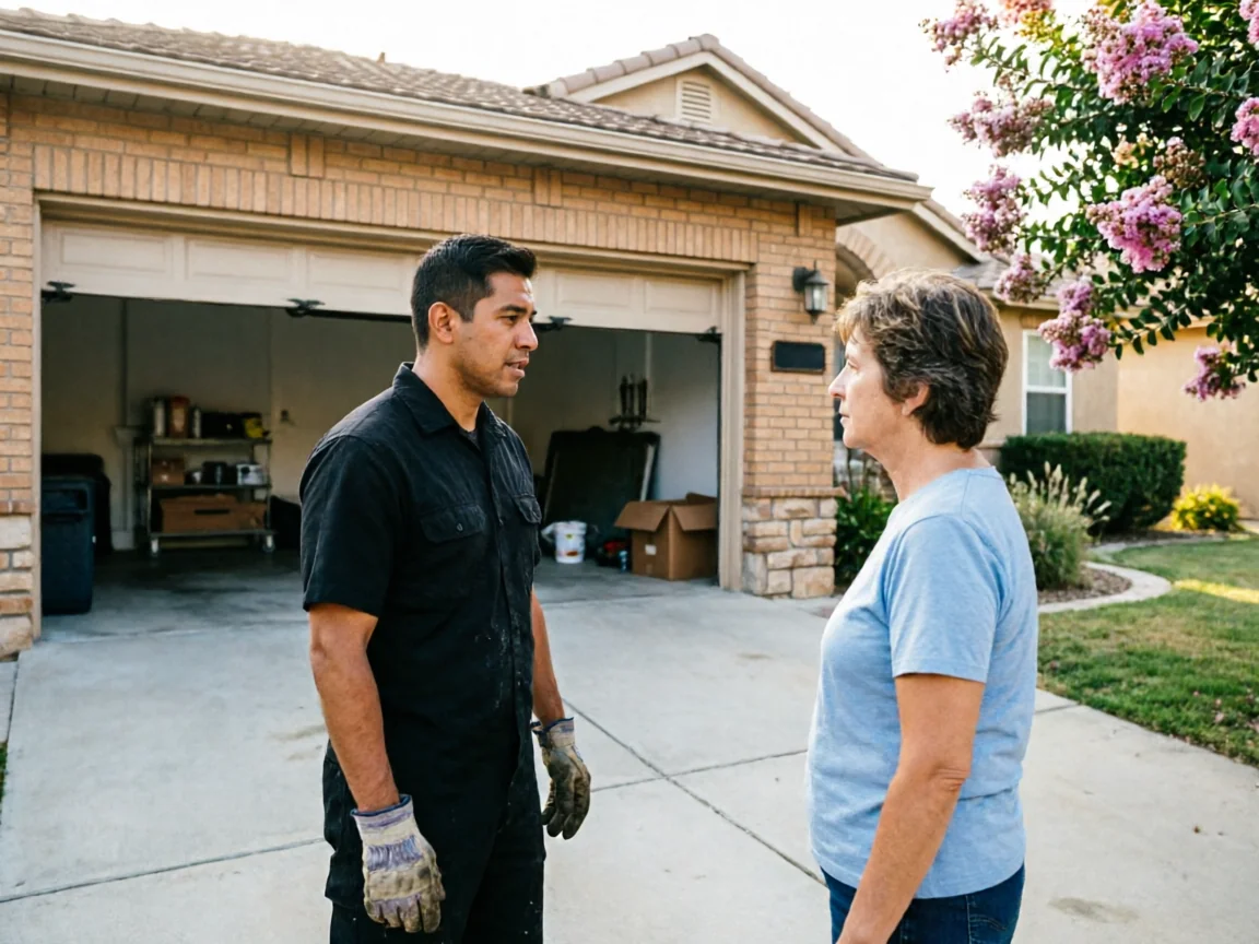A technician and a woman stand in a driveway in front of an open garage.