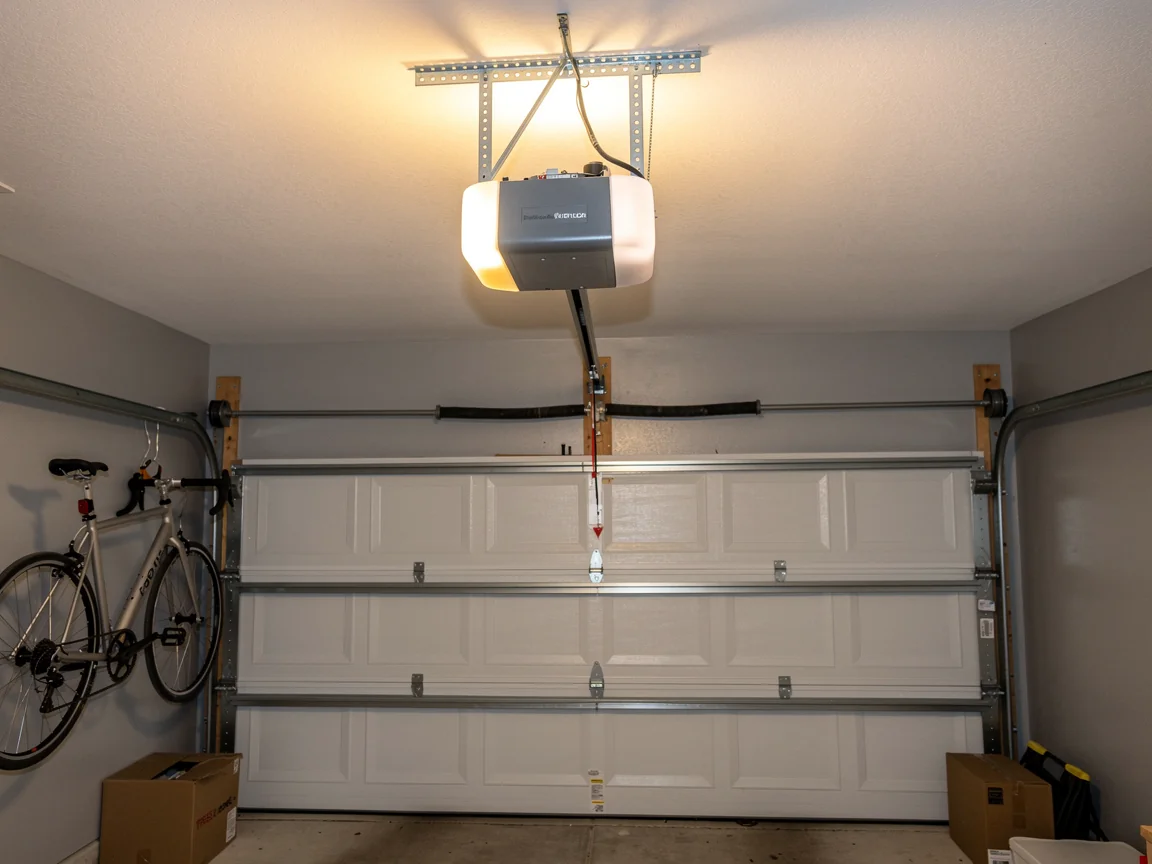 A garage door opener is mounted above a white garage door.