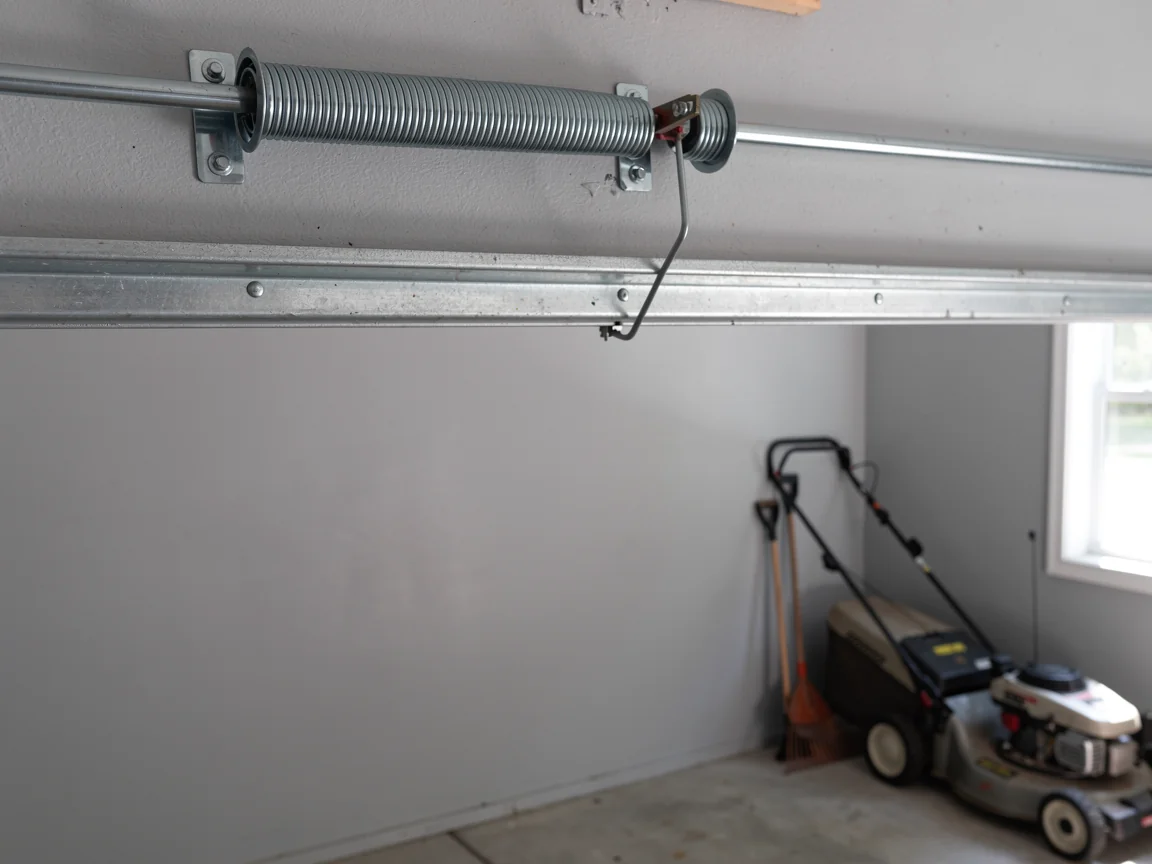A garage door torsion spring is mounted above a garage door.