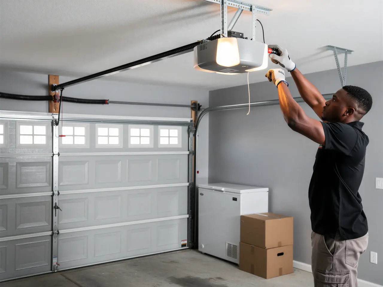 A technician in gloves adjusts a garage door opener above a closed gray garage door.