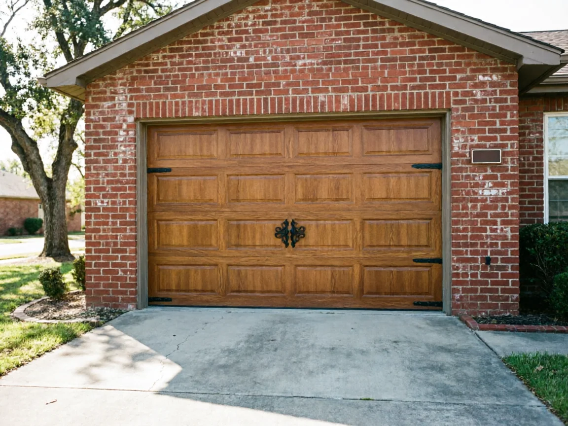 A brown wooden garage door with decorative black hardware on a brick house.
